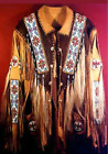 Veste homme amérindienne war marron daim rouge cuir indien franges