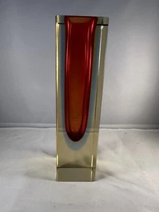 Vintage 1970s Murano 21cm Block Vase - Red, Amber And Blue In Smoked Glass - Picture 1 of 20