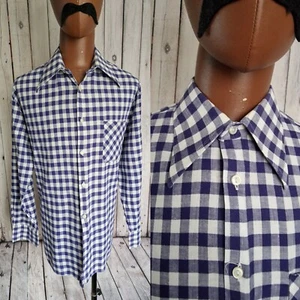 Vintage Dagger Collar Shirt -XL- Blue Check Cotton 1960s/1970s Mod CV26 - Picture 1 of 9