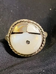 VINTAGE STERLING SILVER ZUNI MOONSTONE ONYX ABALONE RING SIZE 6.5 - Picture 1 of 11