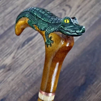 Walking Stick Cane Wooden Walking Cane Handmade Hand Carving Crocodile - Image 1 of 4