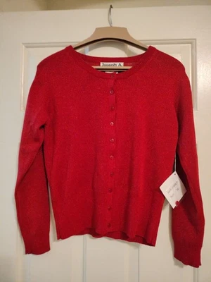全新带标签 Joseph A 女式中号娇小红色金属纤维混纺毛衣纽扣  — 第 1/4 张图片