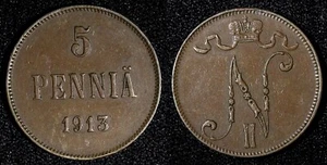 Finland Nicholas II Copper 1913 5 Penniä  KM# 15  (27 713) - Picture 1 of 3
