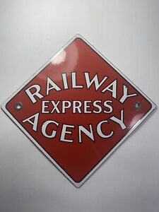 VINTAGE RAILWAY EXPRESS AGENCY - ORIGINAL  PORCELAIN SIGN-  RAILROAD TRAIN 8x8”
