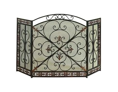 Tela de fogo tradicional de metal 3 painéis com design de filigrana, bronze, preta - Imagem 1 de 4