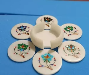 White Marble Inlay Coaster Set Multi Stone Floral Marquetry Arts Handmade Decors - Picture 1 of 6
