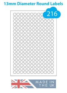13mm Round Labels, 216 White Paper Stickers Per A4 Sheet, Laser & Inkjet Printer - Picture 1 of 1