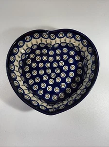 Polish Pottery Boleslaweic Heart Dish Floral Peacock Eyes - Picture 1 of 9