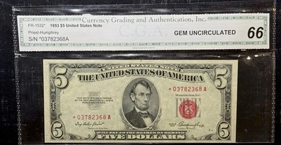 Billete de $5 de Estados Unidos 1953 - STAR NOTE - GEMA UNC 66 */A bloque certificado CGA Foto 1 de 4