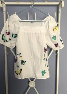 NEW TALBOTS White Cotton Poplin Scattered Butterfly Embroidered Top Princess Sm - Picture 1 of 5