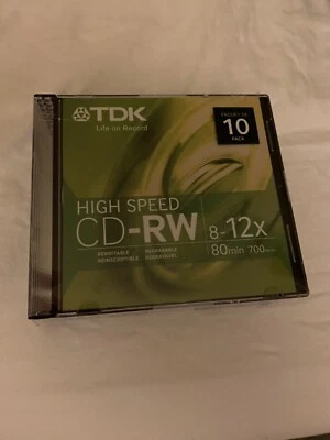 NEW! TDK High Speed CD-RW 10 Pack 80min 700MB/Mo 8-12x Slim Case Rewritable - Image 1 of 4