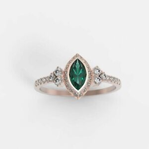 1.3ct Marquise Cut Sim Green Emerald/CZ Band Engagement Ring 925 Sterling Silver