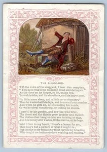 Tarjeta victoriana de 1880 ""el perezoso"" poema en relieve hombre perezoso litografía religión - Imagen 1 de 2
