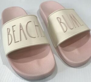 Rae Dunn “BEACH BUM” Women’s Size 9 Slides Sandals Pink Off-White