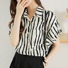 Women Summer Puff Sleeve Collared Button Striped Pocket Loose Shirts Blouse Tops