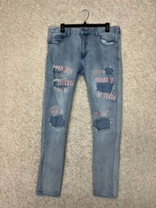 Pantalones de mezclilla ajustados apilados PacSun para hombre 34x32 azul elástico rasgado y reparación Paradise - Imagen 1 de 13