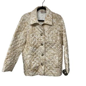 Chicos Womens Quilted Jacket Cream Beige Floral Print Button Up Size 3/16-18/XL - Picture 1 of 10