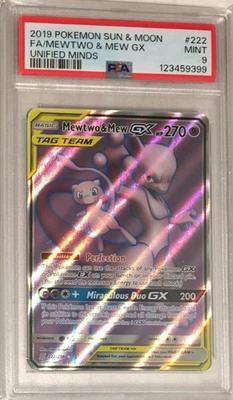 2019 Pokemon Unified Minds PSA 9 Mewtwo & Mew GX Tag Team FULL ART HOLO #222 - Image 1 of 2