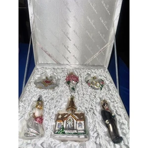 Old World Christmas Wedding Ornament Set Glass Bride Groom Church Heart - Picture 1 of 4