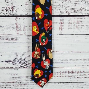 Vintage Looney Tunes Hearts Tie Hand Made Silk Black Multicolor Business - Picture 1 of 7