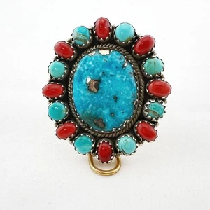 HUGE Southwestern Sterling Silver Turquoise Coral Cluster Ring Adjustable Size - Picture 1 of 12