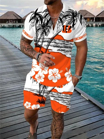 Cincinnati Bengals 2 Piece Hawaiian Shirts Beach Shorts Set Casual Zip up Shirts Cover