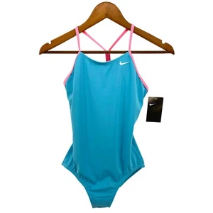 NIKE Swimsuit Girls Large 12-13Y Racerback One Piece Blue Pink Straps NESSB764 - Picture 1 of 7