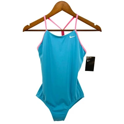 NIKE Traje de Baño Niñas Grande 12-13Y Espalda Corredora Una Pieza Azul Rosa Correas NESSB764 Foto 1 de 4