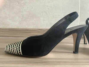 SABRINA CHIC Black Suede and Gold Sling Back Heels Size 39 - Picture 1 of 4