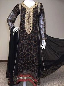 Pakistani Indian Designer Shalwar Kameez Embroidery Black Party wear S - Picture 1 of 12