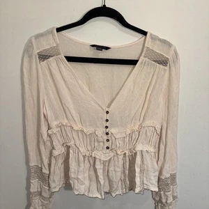 American Eagle Outfitters Damen Elfenbein Krepp & Spitze Langarm Bluse Größe XS - Bild 1 von 3