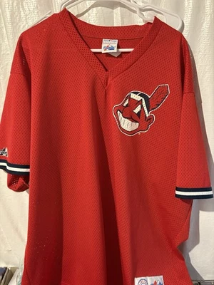Camiseta masculina vintage Cleveland Indians Majestic GG beisebol chefe Wahoo vermelha MLB - Imagem 1 de 4