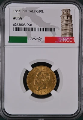 1863T BN Italia Oro 20 Liras NGC AU58 * Envío GRATIS * POP 122/166 Foto 1 de 4