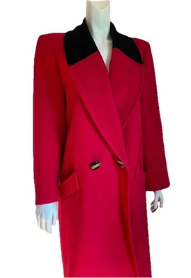 Vintage Equestrian RED WOOL LONG COAT Black Velvet Donnybrook Trench Winter 80s - Image 1 of 4