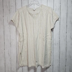 Pure J. Jill Damen Leinenmischung hellbraun gestreift Kurzarm Tunika Seitenschlitz Gr. XL - Bild 1 von 7