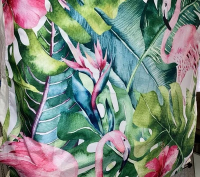 Занавеска для душа розовая фламинго тропические зеленые ладони с металлическими люверсами из гибискуса - Изображение 1 из 4