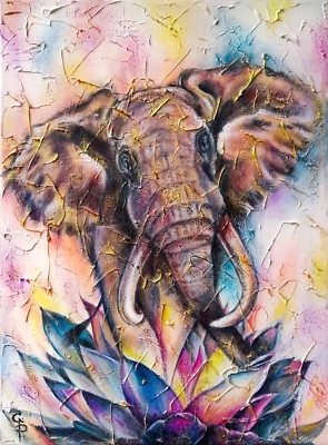 Elefante Pintura Original Sobre Lienzo Animal Moderno Arte Al Óleo Colorido Loto Dorado Foto 1 de 4