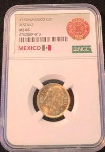 1955 MEXICO GOLD 5 PESOS G5P HIDALGO NGC MS 66 GEM BU BRIGHT BLAZING LUSTER - Picture 1 of 5