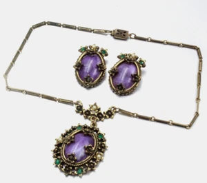 Selro Selini Unsigned Designer Purple Celluloid Cabochon Rhinestone Necklace Set - Picture 1 of 11