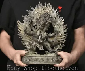 11.6" Rare Old Tibetan Copper 3 Head 6 Arms Mahakala Wrathful Deity Budda Statue - Picture 1 of 16