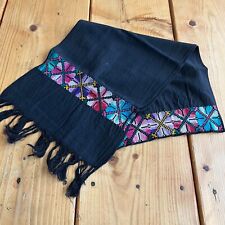 Maya Mexican Chiapas Black Rectangle Embroidered Table Runner Long Scarf 10x50in