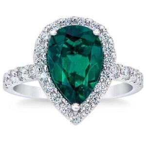 5Ct Pear Shape Emerald & Lab Grown Diamond Halo Ring in 10k White Gold
