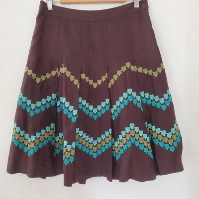 Falda ANN TAYLOR LOFT 6 Lino Plisada Acampanada Marrón Oscuro Azul Bordado Oficina  Foto 1 de 4