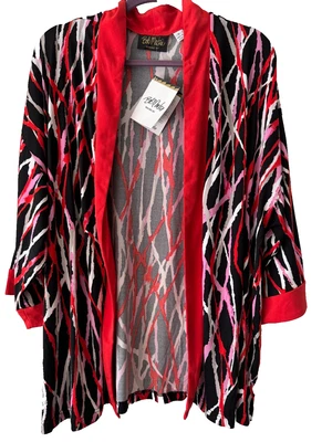 Cárdigan abierto Bob Mackie rojo rosa negro plumero viajero tejido talla grande 1X Foto 1 de 4