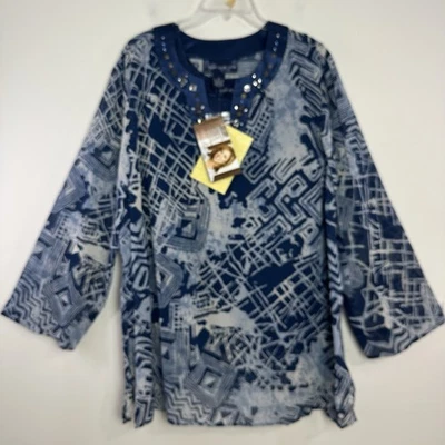 Túnica/tanque azul Susan Graver escote con cuentas arte boho para usar satinado fluido 2X Foto 1 de 4