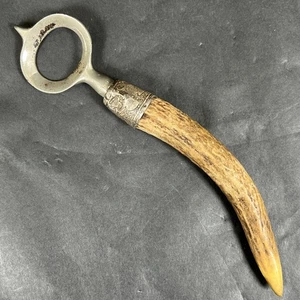 Antique Stag Handle & Cast Iron Metal Bottle Opener w/ "Sterling Silver 67" Band - Picture 1 of 8