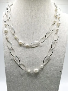 Milor Pearl Station Necklace Sterling Silver Cable Chain 31 grams Italy 36" - Picture 1 of 5