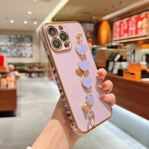 Luxury Plating For iPhone 16 15 14 13 12 Pro Max 11 XR Heart Bracelet Case Cover - Picture 1 of 25