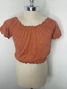 American Eagle Crop Top Rust Orange Sz S Off The Shoulder Eyelet Ruffle AEO New - Picture 1 of 7