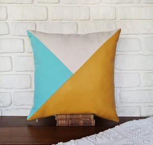 Mint and white fabric color block triangle design yellow faux suede pillow cover - Picture 1 of 6